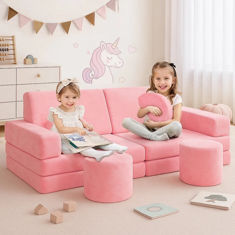 Kindersofa, 14-teiliges Multifunktional Spieltisch Puzzle Sofa, Modulares Kinder Spielsofa Abenteuersofa Weiches Flanell (Rosa)