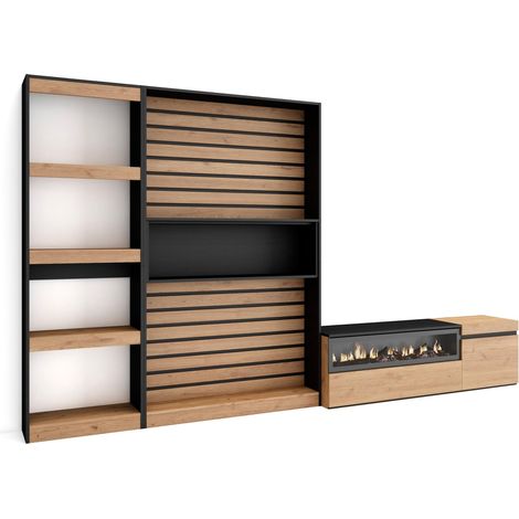 Skraut Home - Muebles de Salón para TV, Conjunto de muebles comedor, 320x186x35cm, Chimenea eléctrica, Estilo Moderno, Roble y negro (1/5)