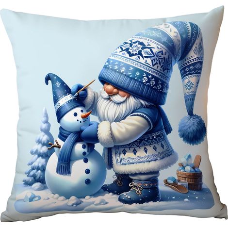 Taie D Oreiller - 18 X 18 Pouces - Motif Noel Bonhomme De Neige Pere Noel Guirlande Arbre - Velours Court - Bleu - Lot De 2 (1/5)