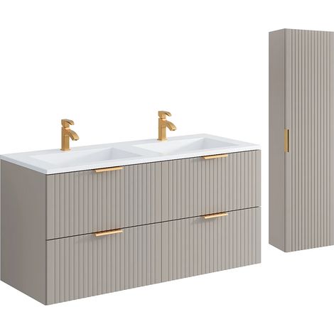 Meuble de salle de bain suspendu strié avec vasque à encastrer et colonne - Coloris beige - 120 cm - ZEVARA (1/5)