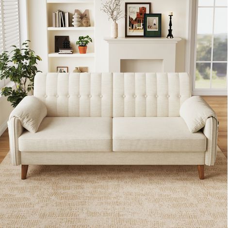 Sofá de 2 plazas de chenilla con bolsillos laterales y cojines de brazo, beige DESVIAE (1/5)