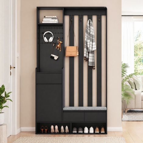 Garderobenmöbel mit gepolsterter Bank, Lochwand, 4 Haken, MDF schwarz 100x35x180 cm HAVRYA (1/5)