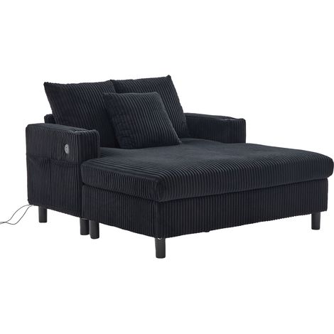 Sillón chaise longue reclinable de pana negra con USB, portavasos y luces LED (1/5)