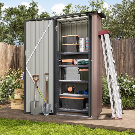 Aoxun Metall-Gartenhaus, verriegelbare Tür, Außenschrank, robust und rostbeständig, Werkzeugschuppen mit Pultdach, Braun, 88 x 61 x 164 cm