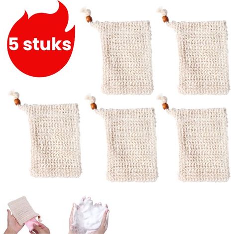 Ensemble de 5 pièces - Sac à mailles moussant en coton-lin - Sac à savon fait à la main - Sac à savon pour salle de bain avec cordon de serrage - Avec perles - Beige (1/5)