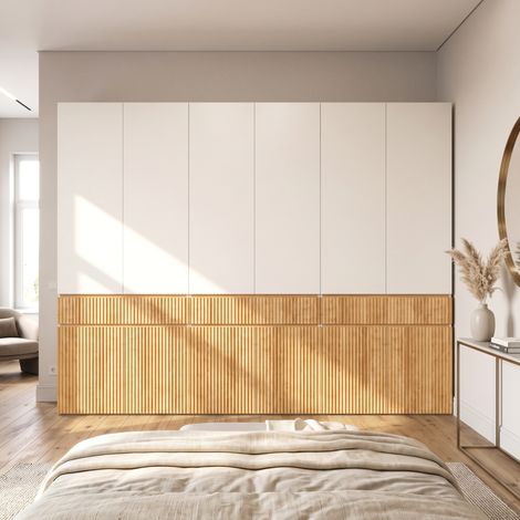 Armadio guardaroba 12 ante 270 x 50 x 202 cm con 3 barre e 3 cassetti rovere chiaro e grigio OKWISH (1/5)
