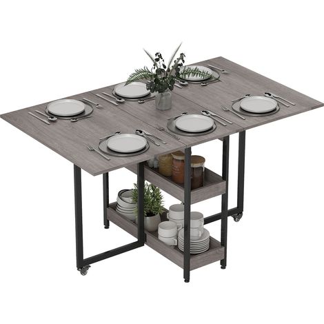 Table pliante à 2 abattants pour 4 personnes avec 2 étagères ouvertes, en bois et métal, 133,4 x 80 x 75 cm, grise (1/5)