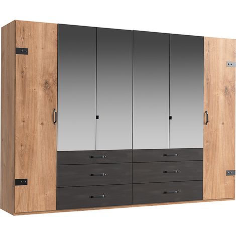 Kleiderschrank 6-trg., 300 cm, Eiche mit Stahl Nb., DAVENPORT-43 (1/5)