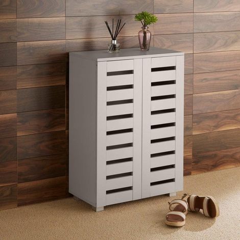 Oslo 2 Door Grey Wooden Shoe Storage Cabinet Rack Stand Cupboard Slatted Doors (1/5)
