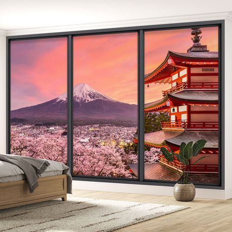 Papier peint panoramique Trompe l'oeil baie vitrée - Temple vue mont fuji - 130 cm x 78 cm (1/5)