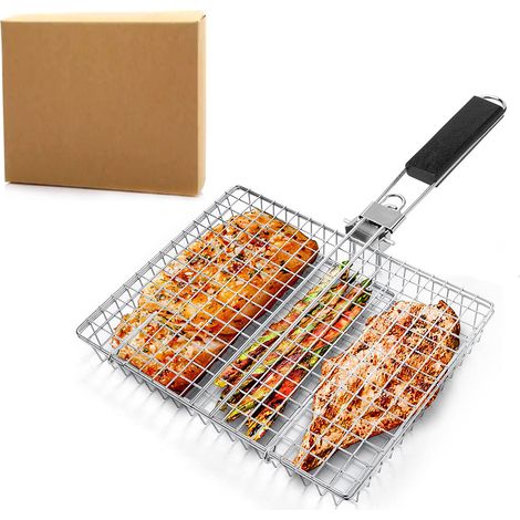 Panier grillage poisson inox, amovible, pliable, portable. Pour viande, légumes, fruits de mer, BBQ extérieur. (1/5)