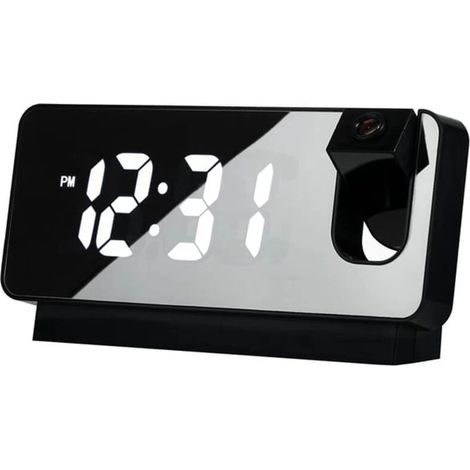 Projektionswecker mit Spiegeldesign – Zwei Alarme – USB- und Batteriebetrieb – Schwarzer Kunststoff, 18,6 cm