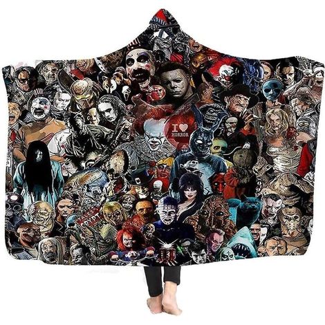 Couverture à capuche 3D inspirée des films d'horreur, en polaire sherpa ultra douce, jeté de canapé portable pour l'hiver, pour femmes, hommes et enfants - Taille unique (1/4)