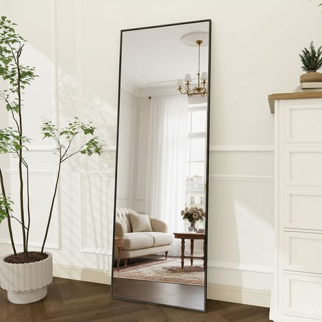 Miroir sur pied, Verre sécurité définition avec film incassable, l.63 x H.173 cm, cadre métal, peut être suspendu, miroir sur pied rectangulaire, noir (1/5)