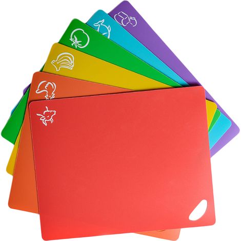 Planche à découper en plastique souple 6 pièces avec icônes alimentaires, non perforée, support 100 % antidérapant, passe au lave-vaisselle, 6 couleurs (1/5)