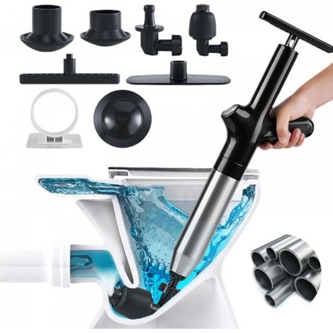 Déboucheur Canalisation Haute Pression, Déboucheur Wc Air Comprimé avec 4 Différentes Ventouses, Piston de Toilette(Noir) (1/5)