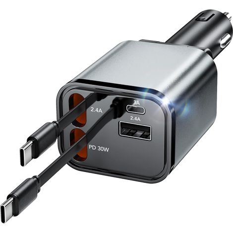 Allume Cigare USB C, 2 Ports 60W Charge Rapide Chargeur Voiture with USB C USB A,Prise Allume Cigare 12v,Chargeur de Voiture rétractable pour 16/15/iPad,Galaxy/Google (1/5)