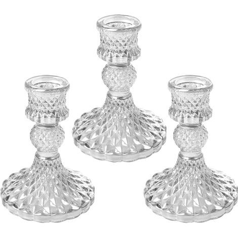 HONORNIC - Bougeoirs en verre, élégants bougeoirs en cristal décoratifs, lot de 3, pour mariage, fête, décoration de soirée. (1/5)