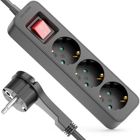 Multiprise 3 Prises avec Fiche Plate - 5m Câble - avec Interrupteur on/Off - Idéal Derrière Meubles, Bloc Prises Distributeur Rallonge Alimentation 3680W 16A - Noir (1/5)