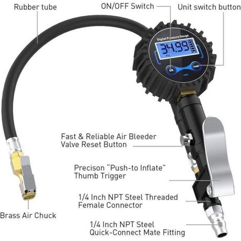 Manomètre Numérique - 0 À 250 PSI - Affichage Digital - Pour Gonflage Pneu Voiture Moto Vélo - 1 Pièce (1/4)