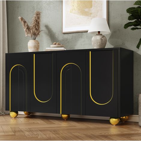 Buffet noir 4 portes avec décor arqué doré, pieds en métal sphériques, 140 x 40 x 74 cm (1/5)