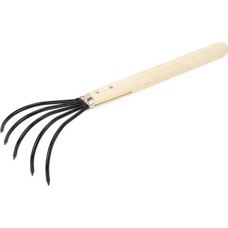 Râteau de jardin à main, 5 dents en acier, manche en bois, design ergonomique, outil de labourage et d'ameublissement du sol, long manche (1/5)