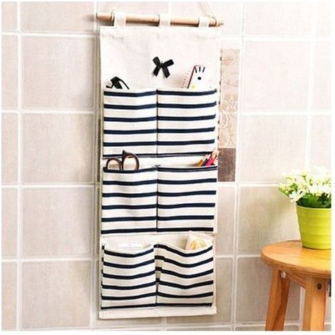 Ternel, Sac de rangement suspendu à rayures, panier de rangement, pochette murale en tissu, bleu