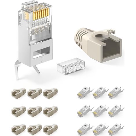 Connecteur rj45 Cat7 Pass Through Lot de 10, 10 Gbit/S 600 Mhz Enrobé D'or Fiche RJ45 Pour Câble de Pose Cat 7 Cat6A, Compatible câbles de pose 22-24 AWG, prend en charge le PoE (1/5)