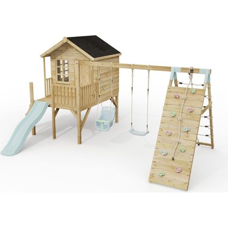ClassicPlay Premium 5ft Playhouse on Deck with Double Swing, Slide and Climbing Wall Ice Blue (1/5)