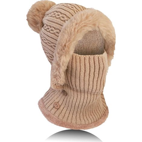 Ensemble bonnet et cache-cou chaud en maille pour femme, kaki foncé, avec pompon en fourrure et doublure polaire épaisse et douce. (1/5)