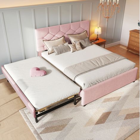 MODFU – Letto matrimoniale 140x200 cm in velluto e MDF con letto estraibile 90x190, rete a doghe e portata 250 kg – Rosa (1/5)