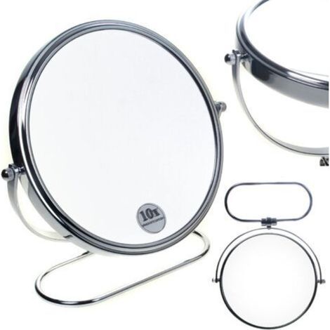 Miroir Maquillage Pliable, x10 Grossissement, 8\" Cosmétique sur Pied pour Chambre et Voyage, Ø 20 cm de Table, Double Visage Tournant de Rasage (1/4)