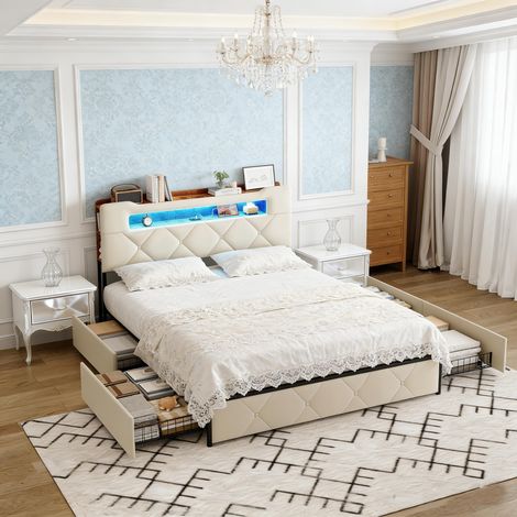 Lit Coffre 140x190 avec Sommier et 4 Tiroirs, Cadre de Lit Rembourré avec Tête de Lit Réglable, Éclairage LED, Ports USB & Type-C, Design Rétro Moderne pour Adulte, Velours Beige (1/5)