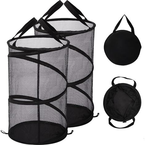 Lot de 2 paniers à linge pliables en maille pliable avec poignées pop-up organiseur de salle de rangement pour vêtements sales, noir (1/5)