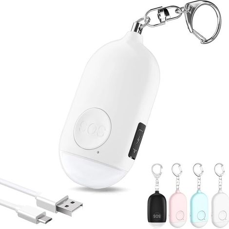 Alarme personnelle anti-attaque 130 dB avec porte-clés, alarme rechargeable avec lampe de poche LED pour femmes, enfants et personnes âgées (blanc) (1/5)