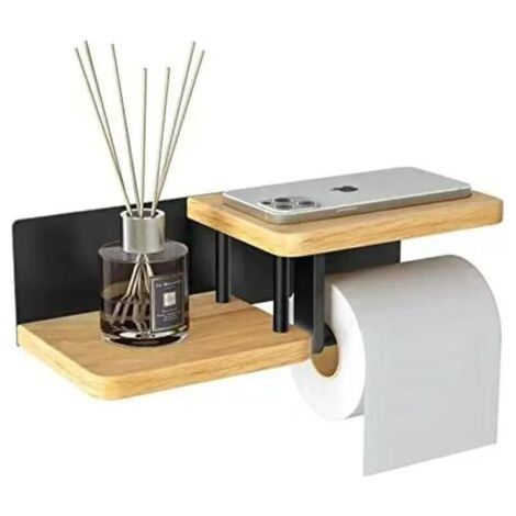 BUNTHAUS Porte-papier toilette mural en bambou [Sans perçage] Porte-papier toilette de haute qualité avec étagères, noir