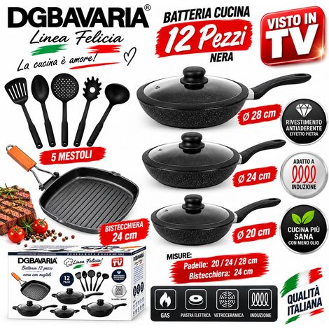 Set Batteria 12 Pz Con 3 Padelle 20/24/28 + coperchi + Bistecchiera quadrata 24x24cm + 5 mestoli (1/4)