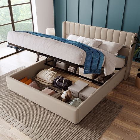 Lit coffre double Lit rembourré 180x200cm, sommier à lattes en bois, Lit avec sommier à lattes en métal, lin, Beige (1/5)