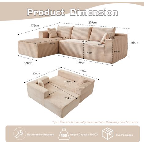 Canapé d'angle modulable avec méridienne confortable, canapé en L sans structure et assise profonde, canapé-lit minimaliste pour salon, chambre, appartement, velours côtelé, beige (1/5)