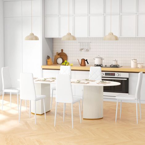 Lot de 6 chaises salle de salle à manger en cuir synthétique, dossier haut avec coutures diamant, pieds en acier, s pour cuisine, blanc (1/4)