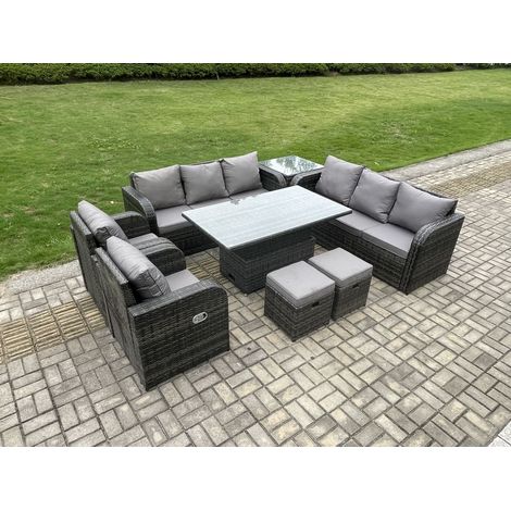 Fimous Rattan Outdoor Garden Furniture Sets Height Adjustable Rising lifting DiningTable Sofa Set with Reclining Chair Side Table 2 Small Footstools Dark Grey Mixed