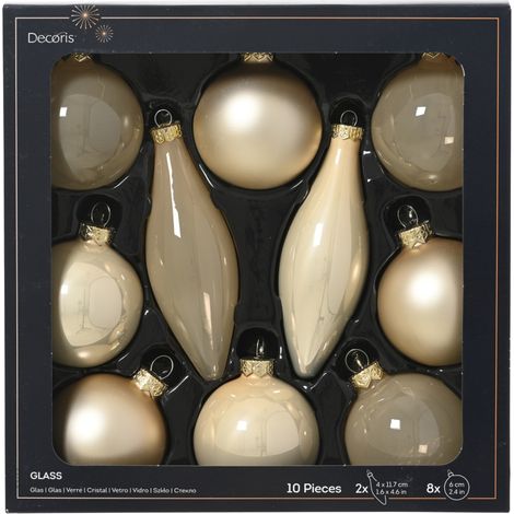 Decoris Weihnachtskugeln mit Tropfen-Ornamente aus Glas Ø 6 cm creme-gold 10 Stück