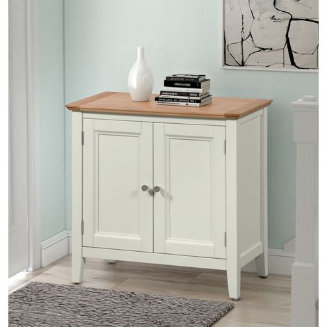 Hallowood Furniture Clifton Small Storage Cabinet with Doors and Shelves in Light Oak Top, Wooden Green Off-White Cupboard, Perfect for Pantry Storage, Bathroom Cabinet, Entryway Table (1/5)