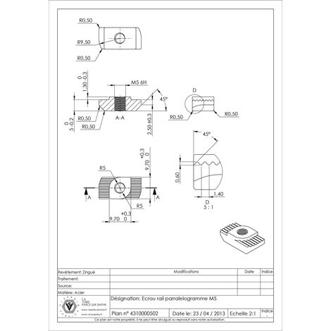 Ecrou RAIL PARRALELOGRAMME M5 Acier zingué-1 pièce