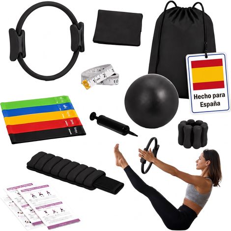 Relaxdays Set de pilates, 13 piezas: aro, pelota, 6 bandas, muñequeras lastradas, accesorios para casa, negro (1/5)