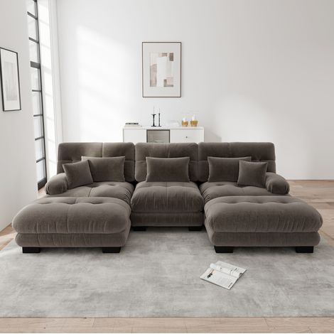 Canapé d’angle modulaire marron en chenille avec ottomans, assise profonde et fonction convertible (1/5)
