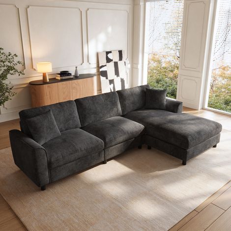 MODFU – Divano angolare 3 posti con chaise longue reversibile 256x137 cm in ciniglia con seduta a molle insacchettate, portata 150 kg e 2 colli – Grigio (1/5)
