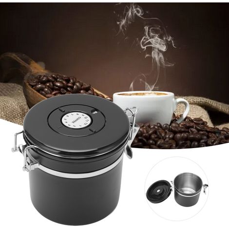 Kaffeedose aus Edelstahl 304 mit Löffel, luftdichtem Ventil, atmungsaktivem Aufbewahrungsbehälter, 1,2 l, schwarz (1/5)