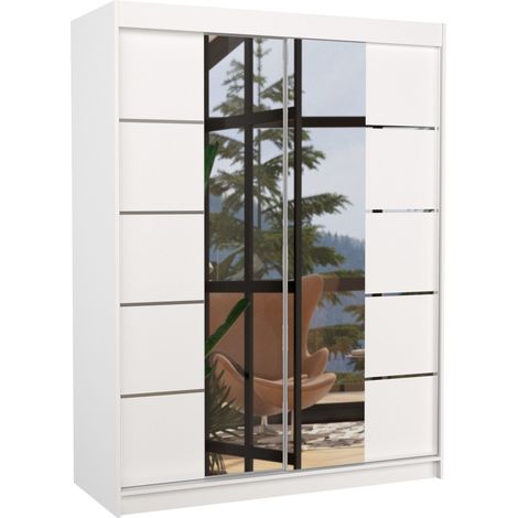 Armoire de chambre 2 portes coulissantes bois blanc et miroir Norka 150cm (1/5)
