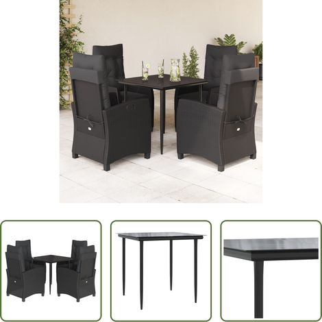Gartentisch - 5-tlg. Garten-Essgruppe mit Kissen Schwarz Poly Rattan (1/5)